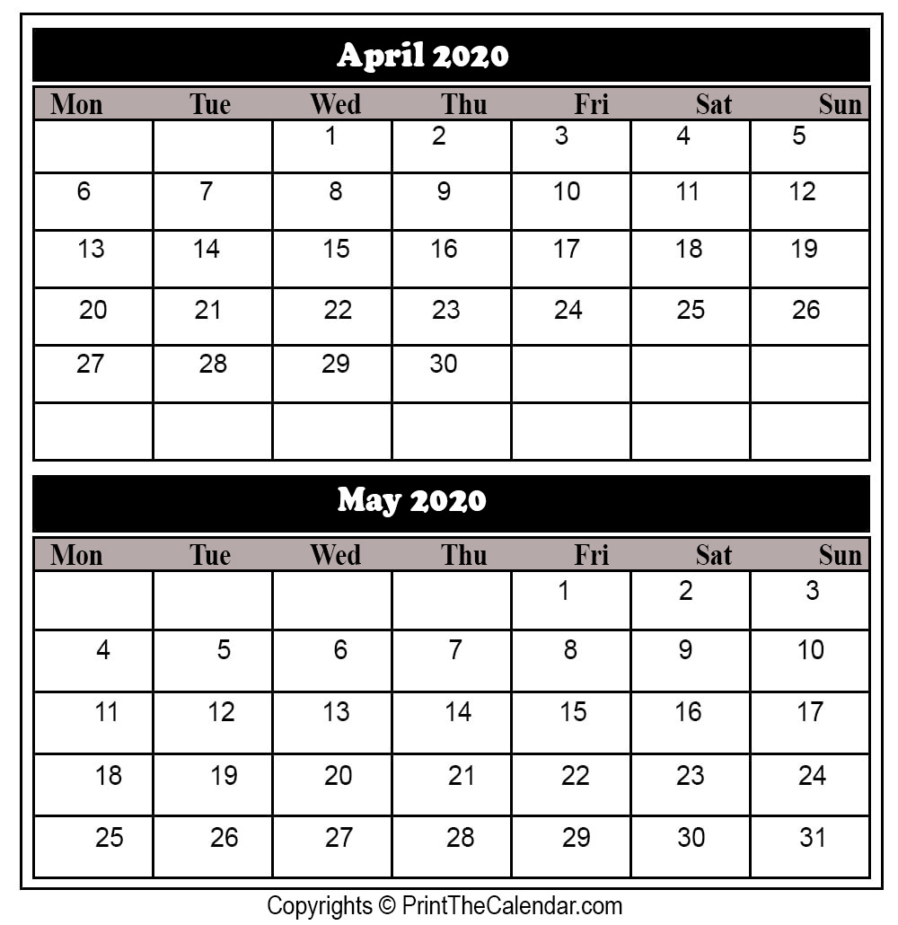 April May 2020 Calendar Printable