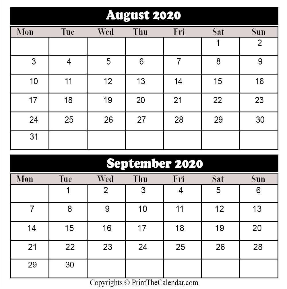 August September 2020 Calendar Printable