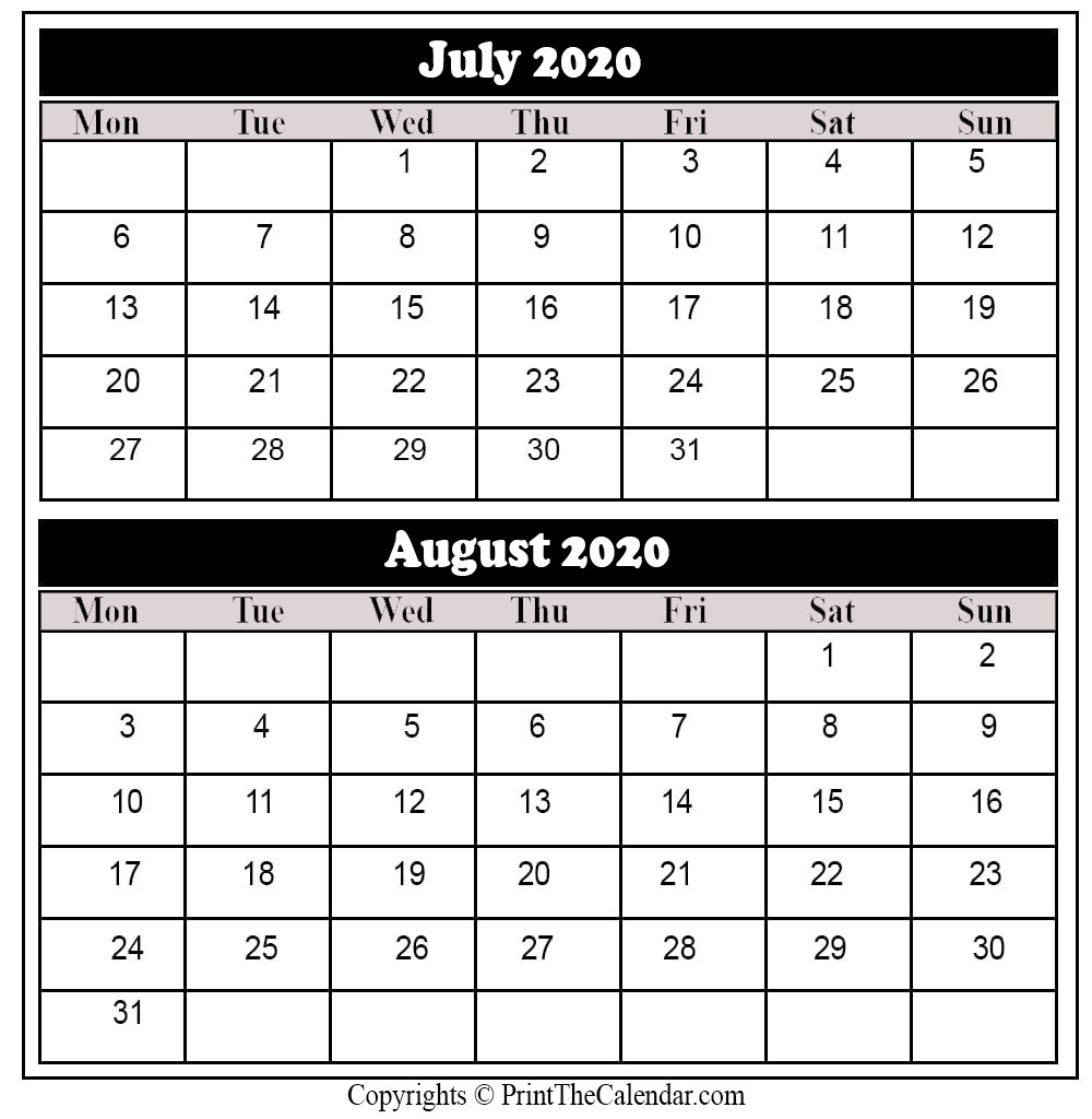 July August 2020 Calendar Printable