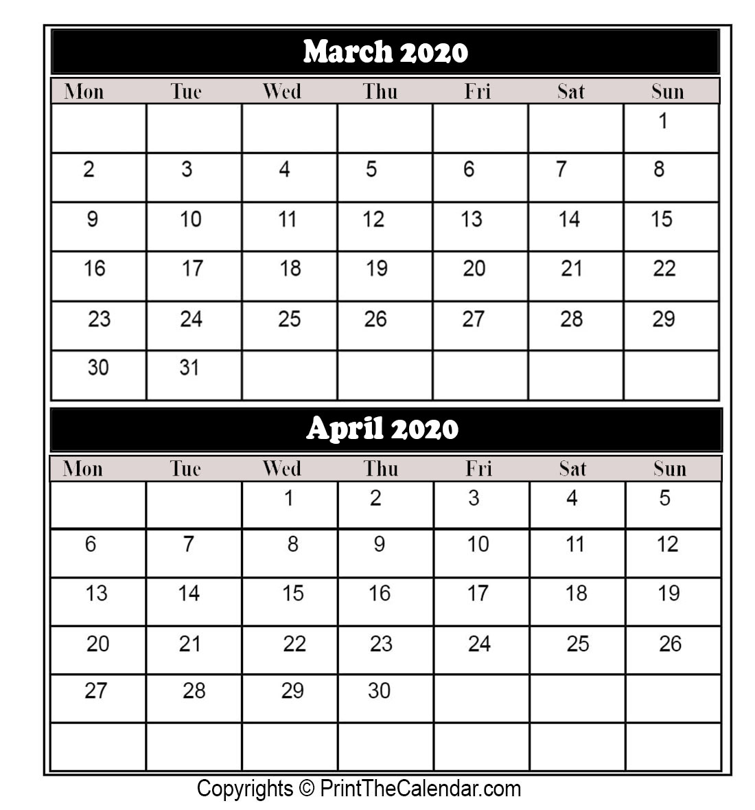 March April 2020 Calendar Printable