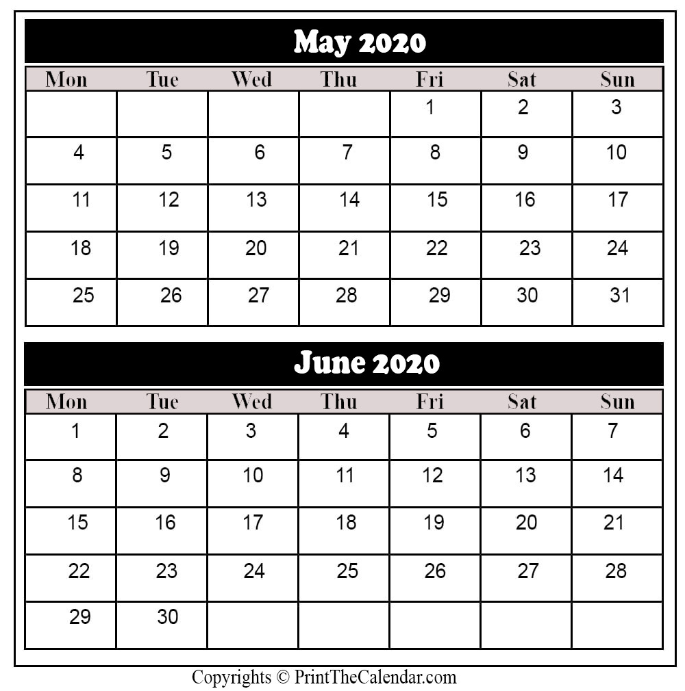 May June 2020 Calendar Printable