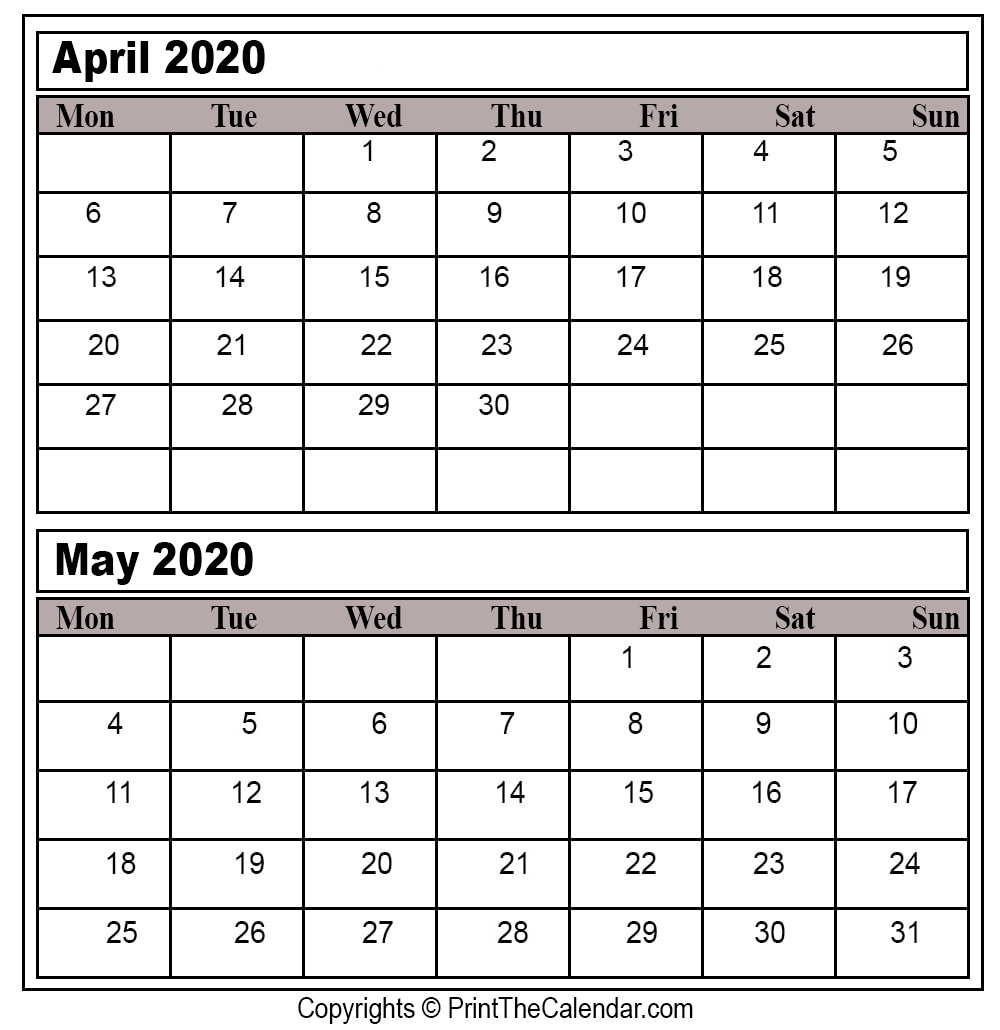 Printable Calendar April May 2020