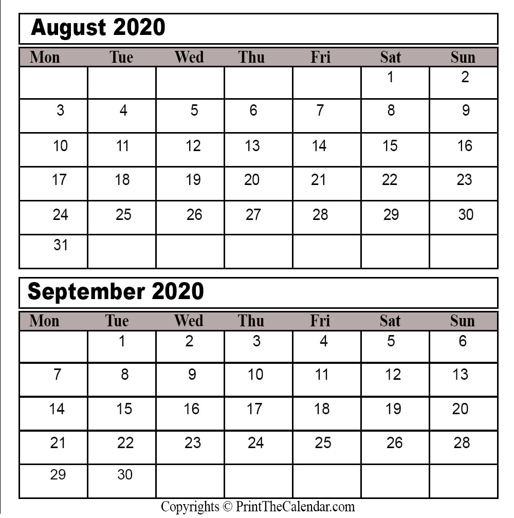 Printable Calendar August September 2020
