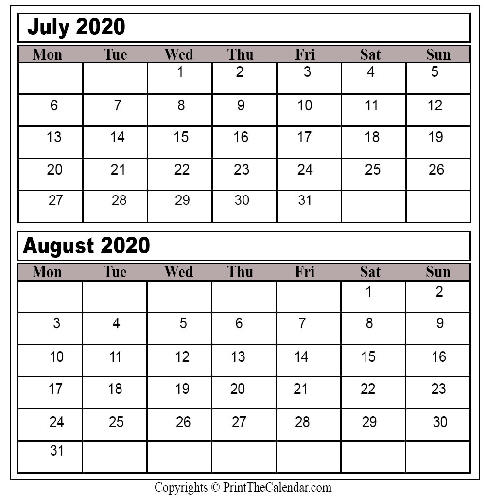 Printable Calendar July August 2020