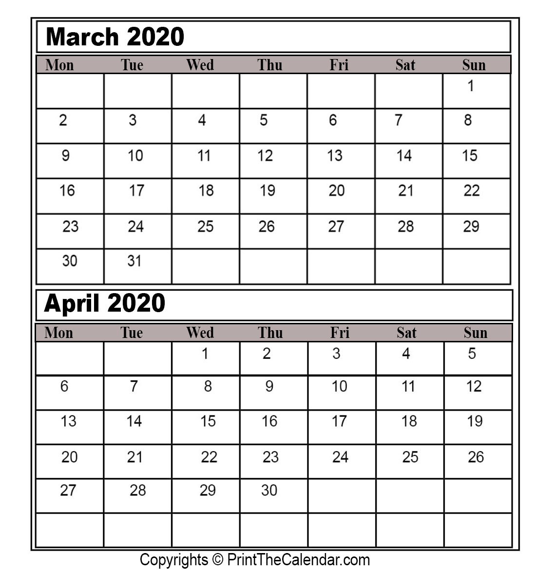 Printable Calendar March April 2020