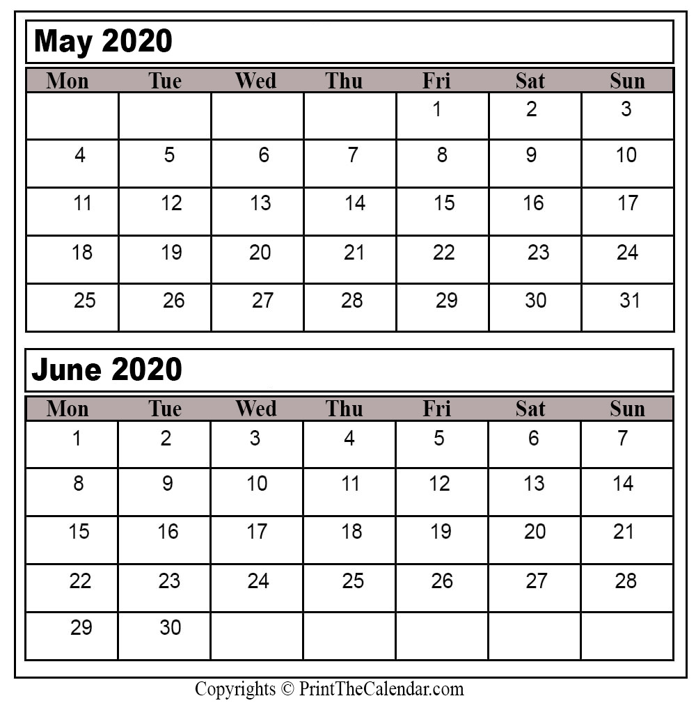 Printable Calendar May June 2020