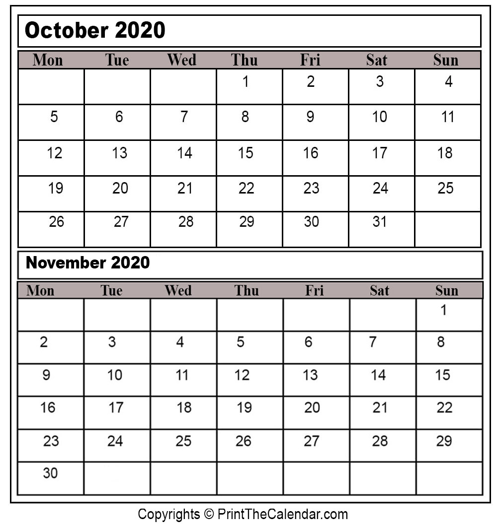 Printable Calendar October November 2020