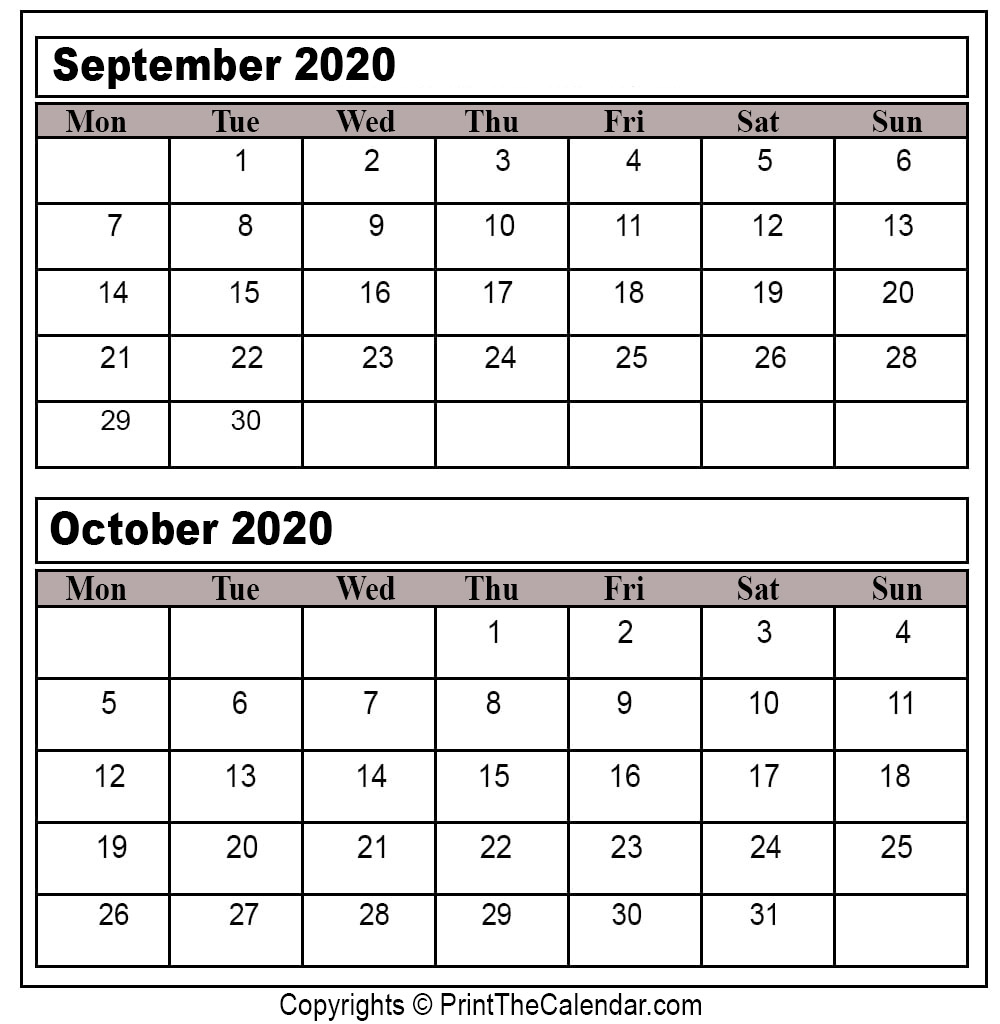 Printable Calendar September October 2020