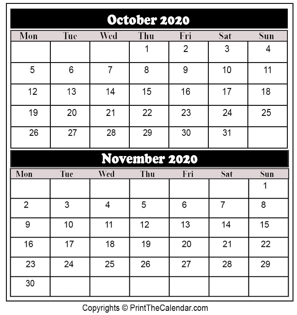 October November 2020 Calendar Printable