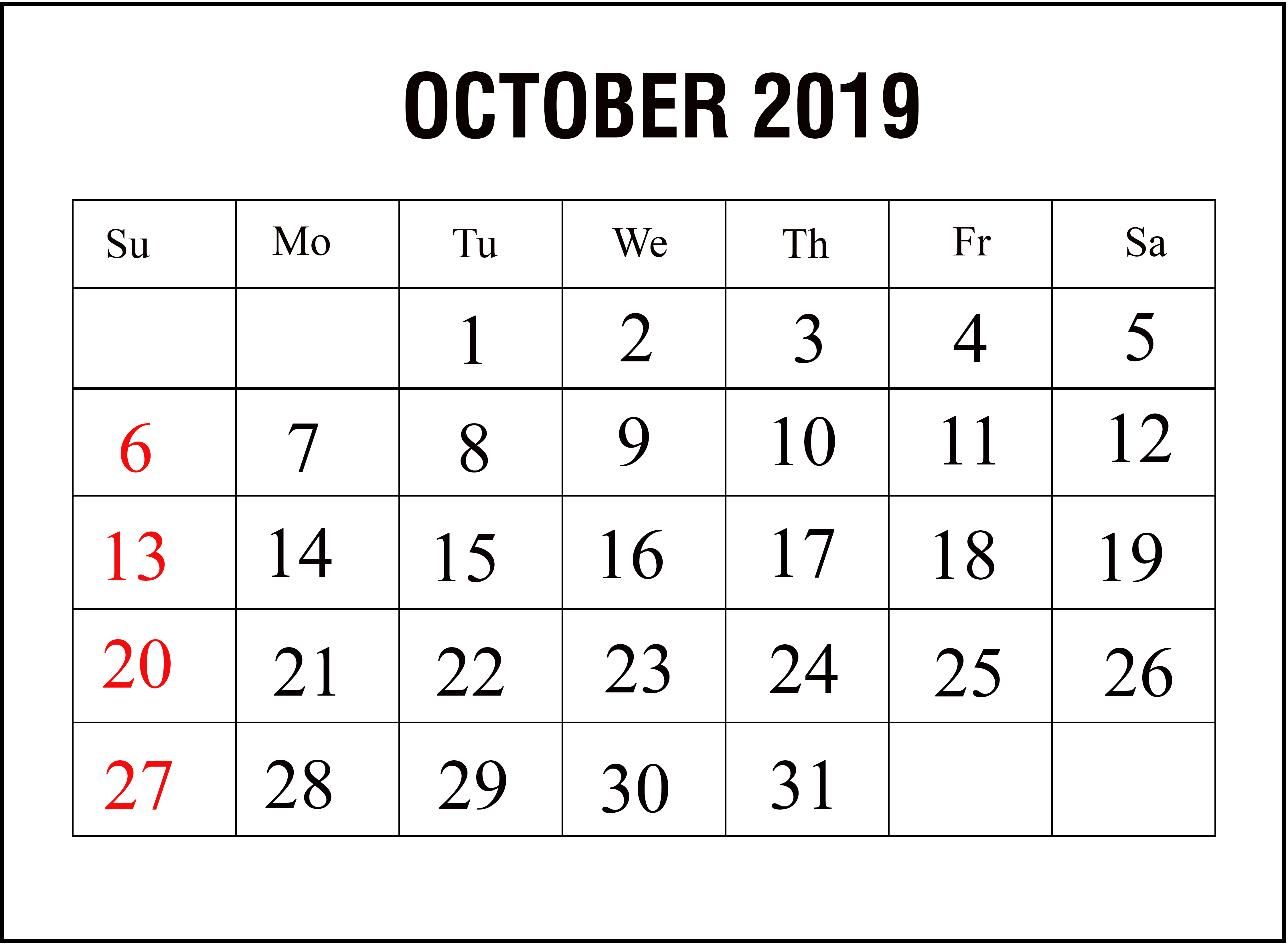 😃[Free}*^ October 2019 Printable Calendar for Word, Excel & PDF