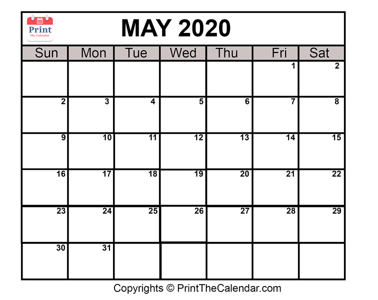 May possibly 2020 Calendar Printable May perhaps Blank Calendar Template photo relating to Printable May Calendars called Could 2020 Calendar Printable Could possibly Blank Calendar Template