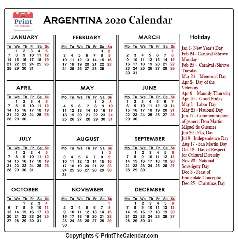 Argentina Calendar 2020 with Argentina Public Holidays