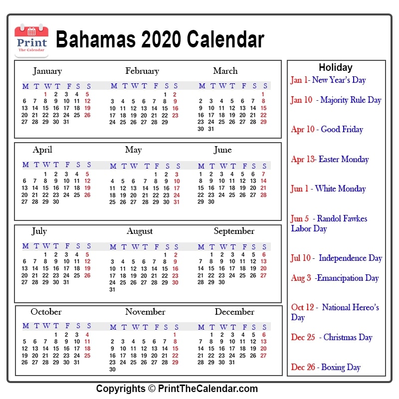 Bahamas Calendar 2020 with Bahamas Public Holidays