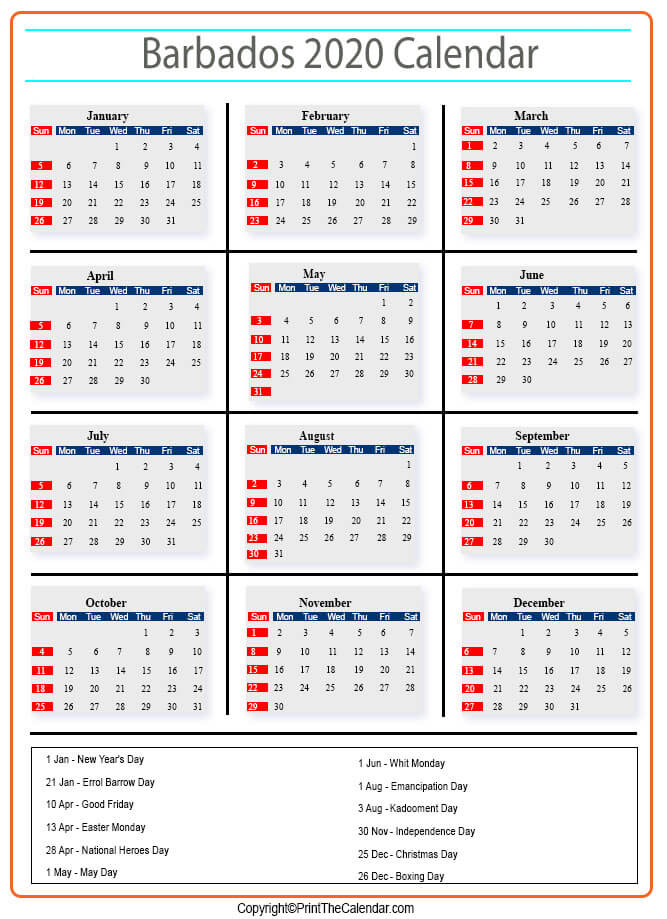 2020 Holiday Calendar Barbados | Barbados 2020 Holidays