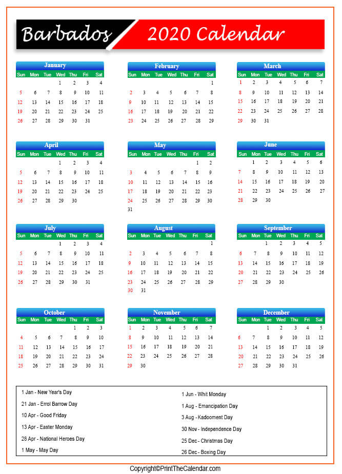 2020 Holiday Calendar Barbados | Barbados 2020 Holidays