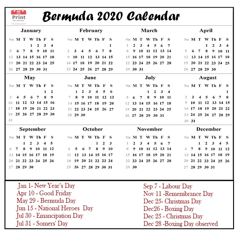 Bermuda Calendar 2020 with Bermuda Public Holidays