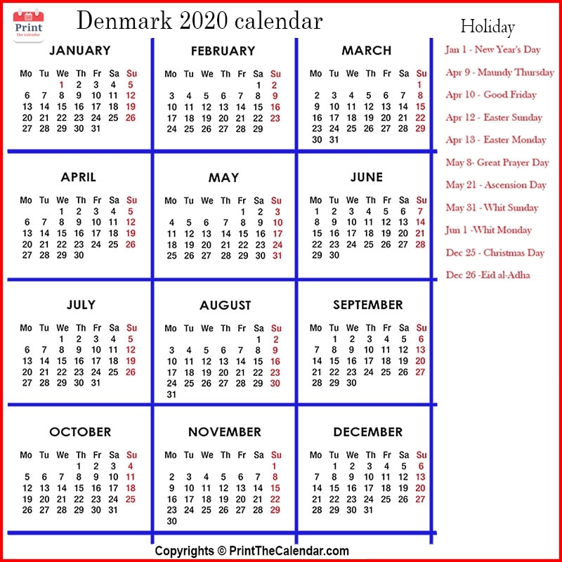 Denmark Calendar 2020 with Denmark Public Holidays