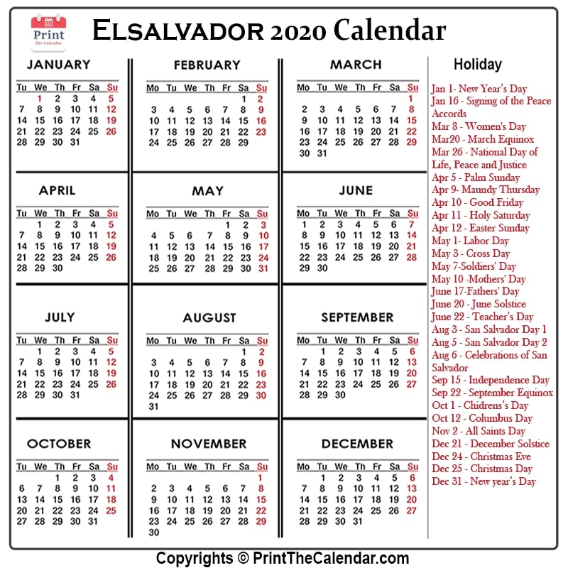 Elsalvador Calendar 2020 with Elsalvador Public Holidays