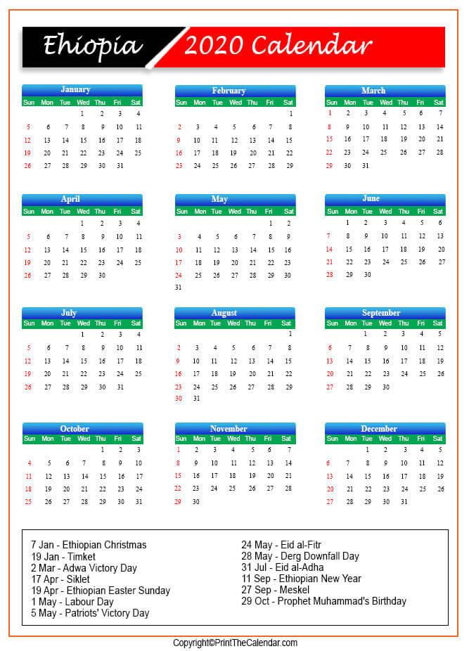 2020 Holiday Calendar Ethiopia | Ethiopia 2020 Holidays