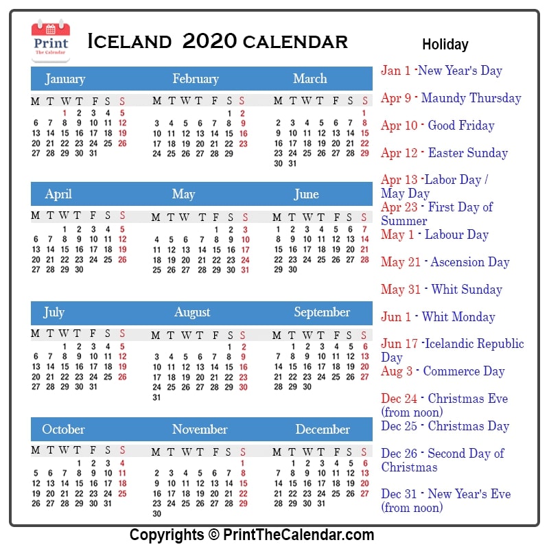 Iceland Calendar 2020 with Iceland Public Holidays