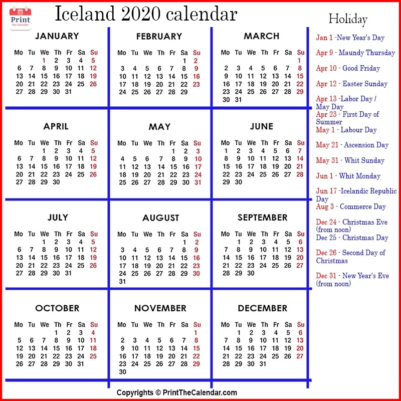 Iceland Calendar 2020 with Iceland Public Holidays