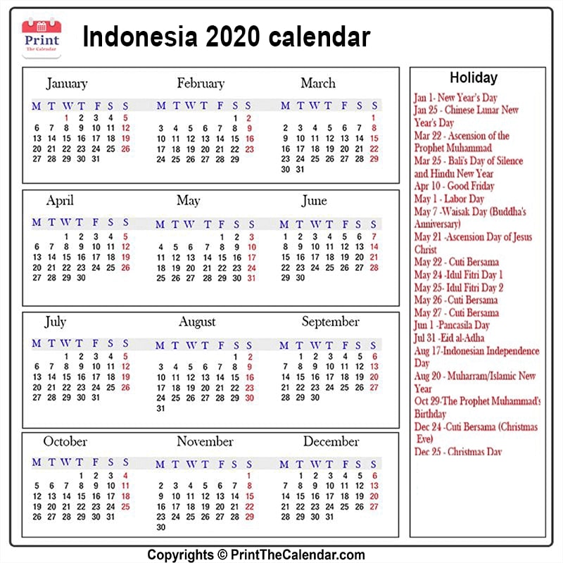 Indonesia Holidays 2020 [2020 Calendar with Indonesia ...