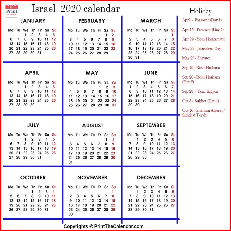 Israel Calendar 2020 with Israel Public Holidays