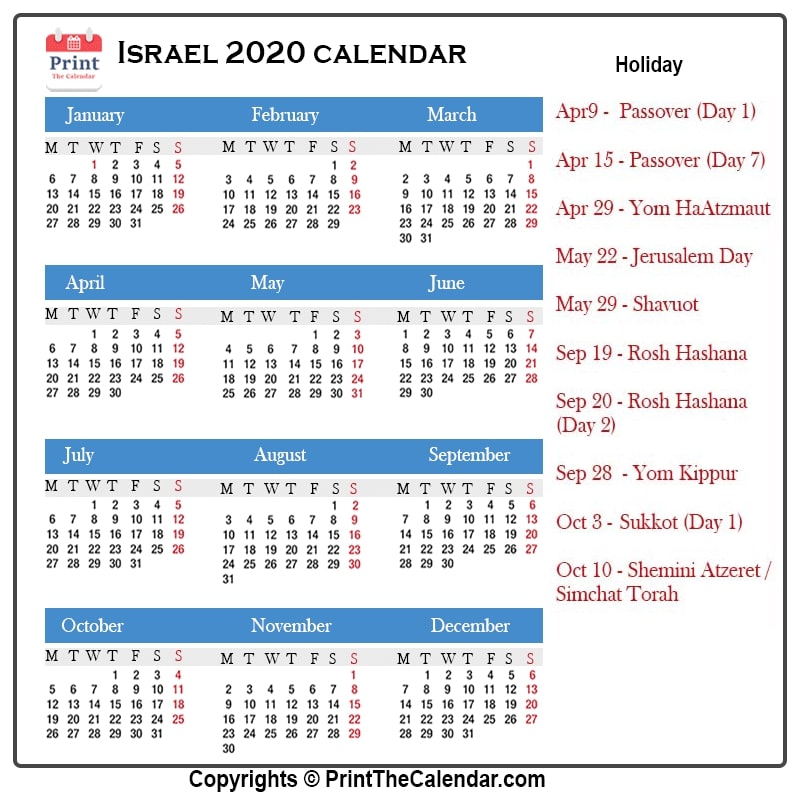 2020 Holiday Calendar Israel | Israel 2020 Holidays
