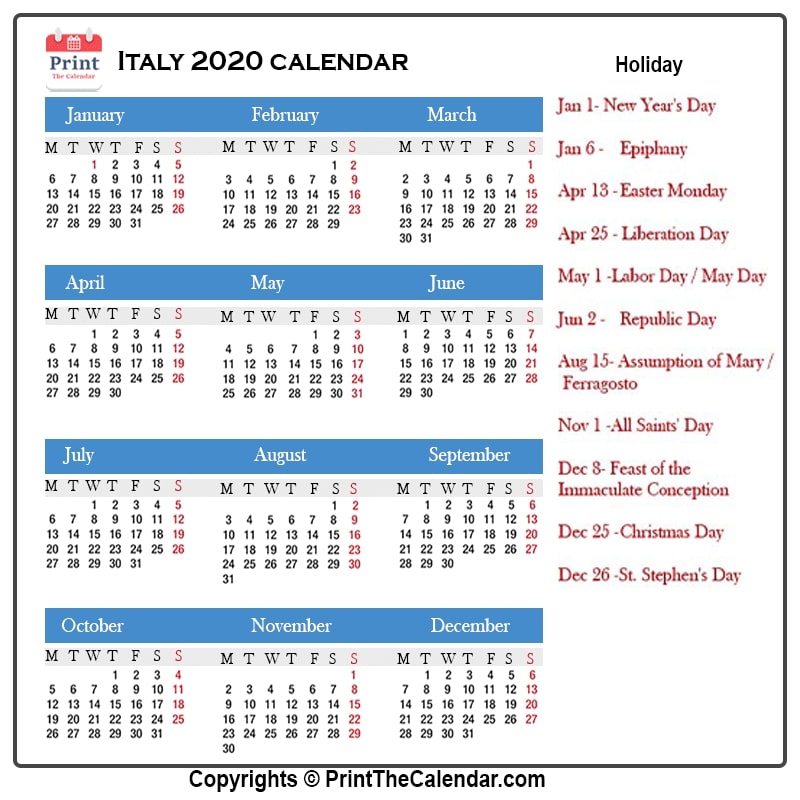 Italy Calendar 2020 with Italy Public Holidays