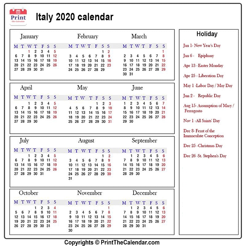 Italian Calendar In Italian - Danita Brandea