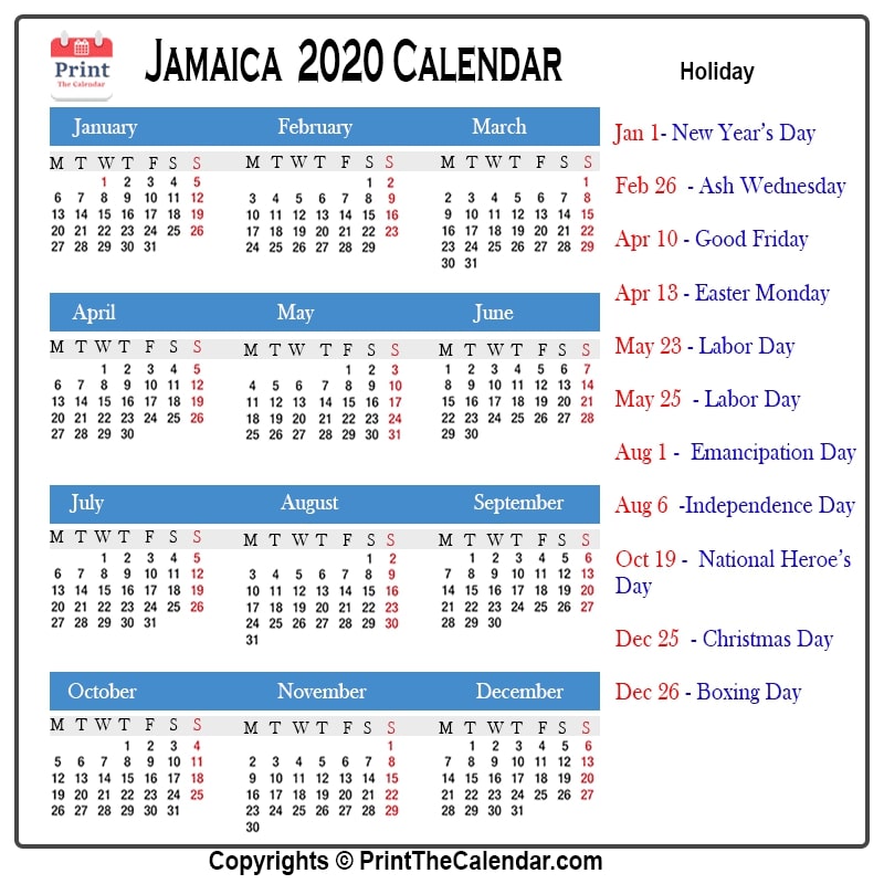 Jamaica Calendar 2020 with Jamaica Public Holidays