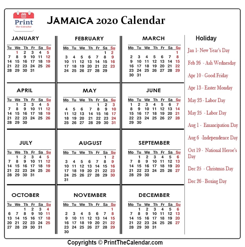 2020 Holiday Calendar Jamaica Jamaica 2020 Holidays