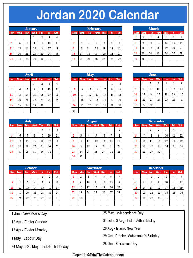 Jordan Calendar 2020 with Jordan Public Holidays