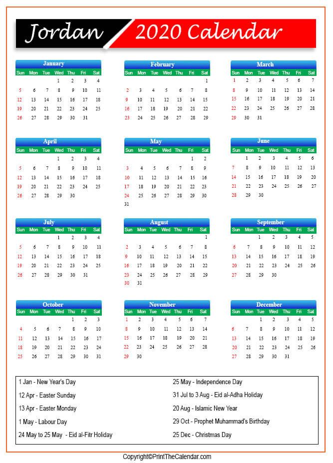 Jordan Calendar 2020 with Jordan Public Holidays