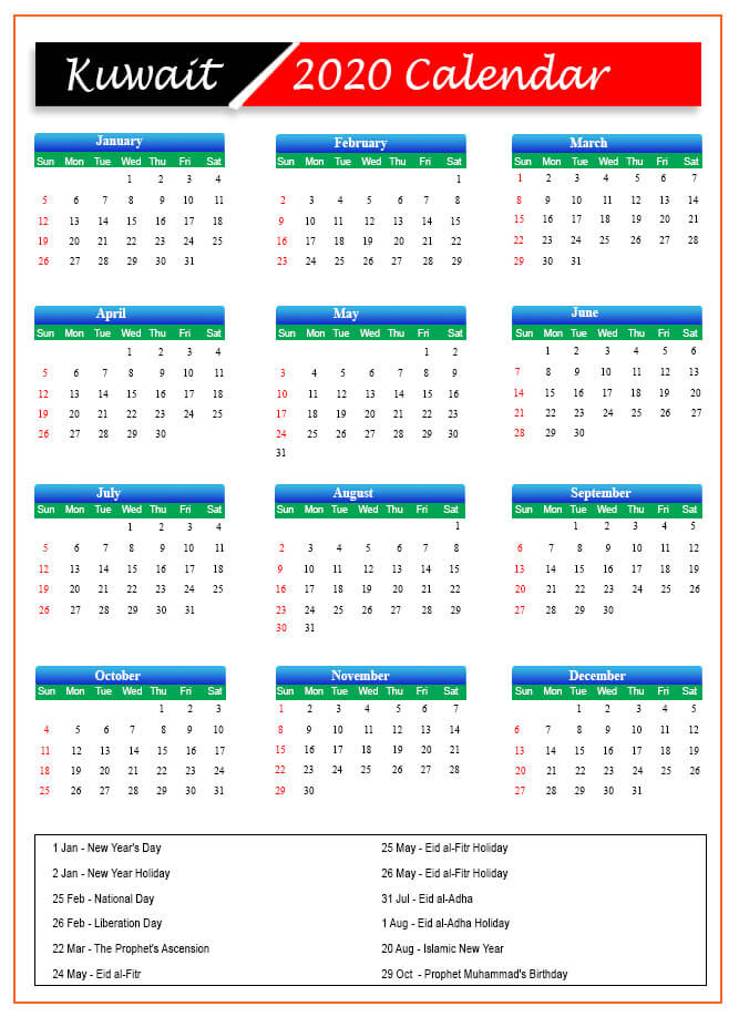 2020 Holiday Calendar Kuwait | Kuwait 2020 Holidays
