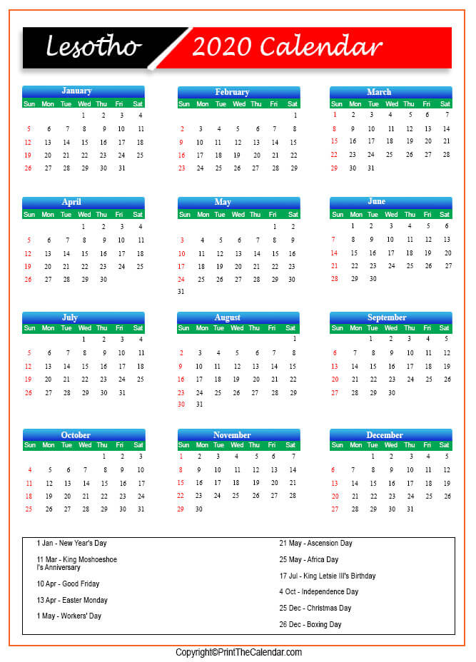 2020 Holiday Calendar Lesotho | Lesotho 2020 Holidays