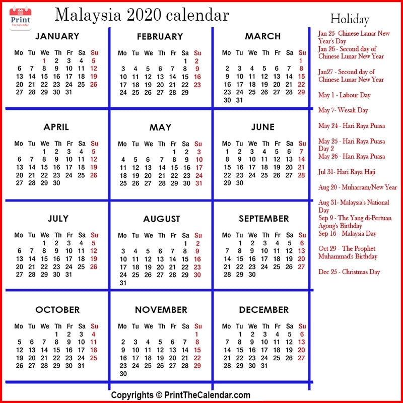 Malaysia Holidays 2020 2020 Calendar With Malaysia Holidays