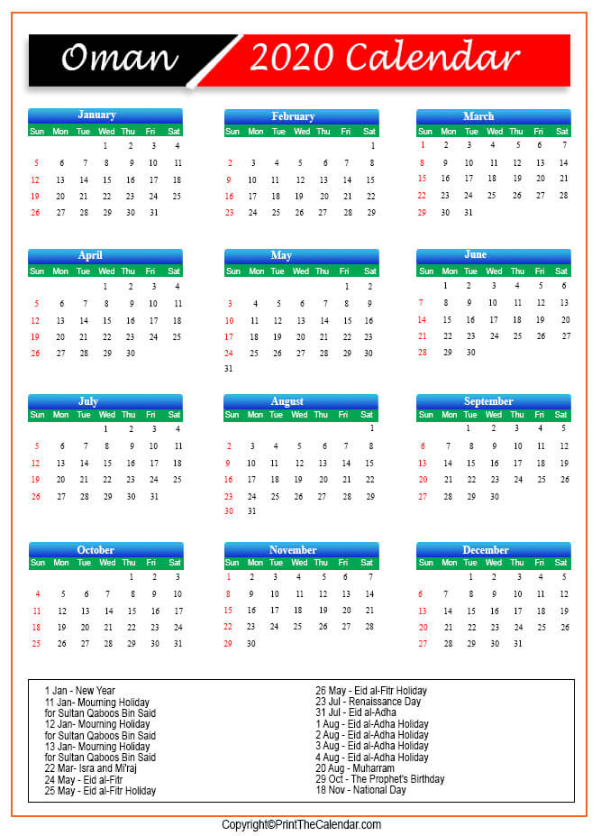 Oman Calendar 2020 with Oman Public Holidays