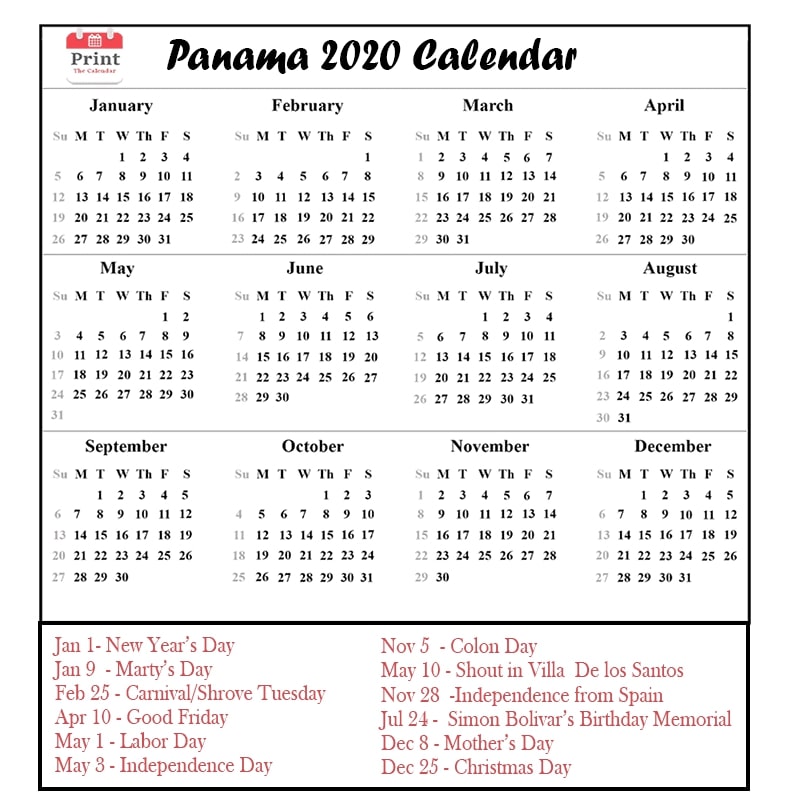 Panama Calendar 2020 with Panama Public Holidays