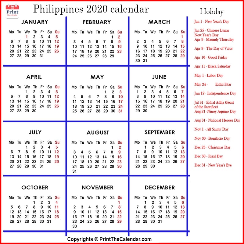 Philippines Holidays 2020 2020 Calendar With Philippines Holidays