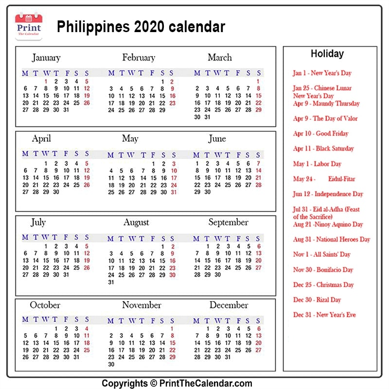 Philippines Calendar 2020 with Philippines Public Holidays