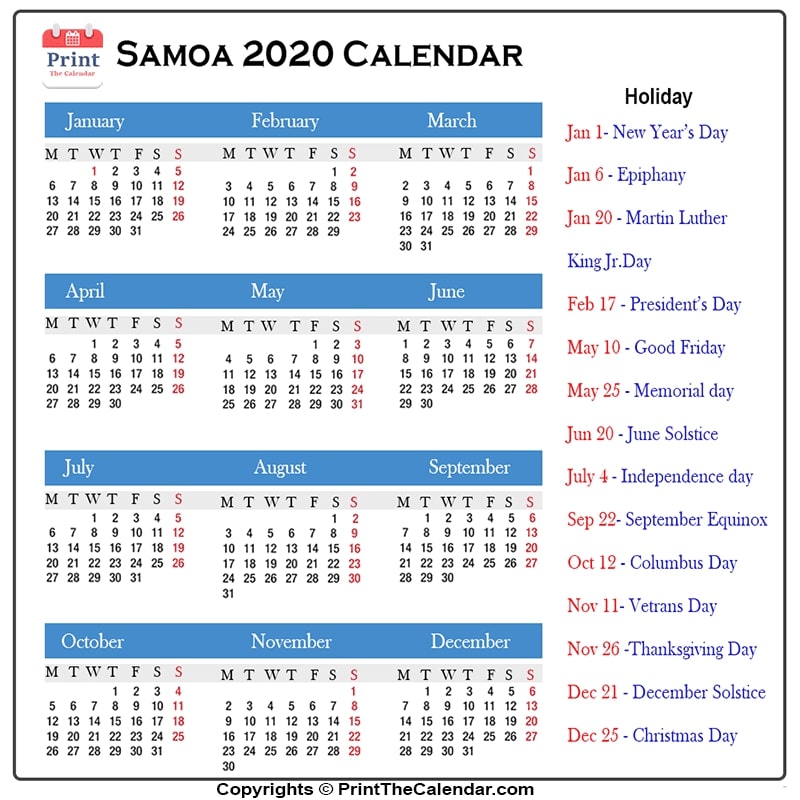 Samoa Public Holidays