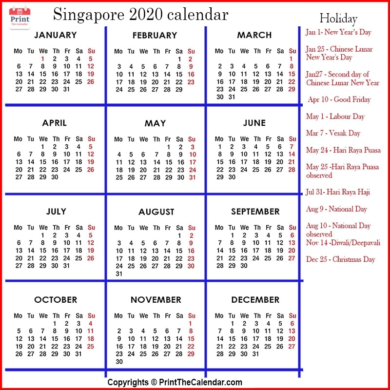 Singapore Holidays 2020 [2020 Calendar with Singapore Holidays]
