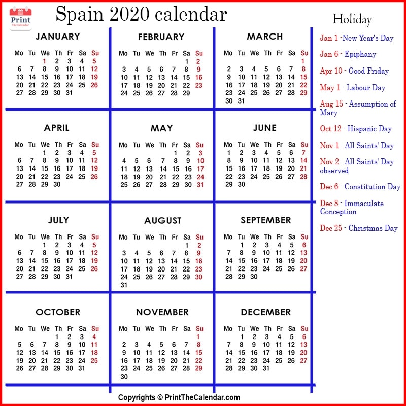 Spain Calendar 2020 with Spain Public Holidays