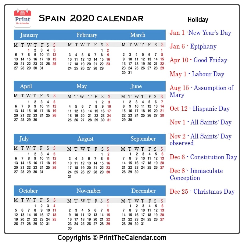 Spain Calendar 2020 with Spain Public Holidays