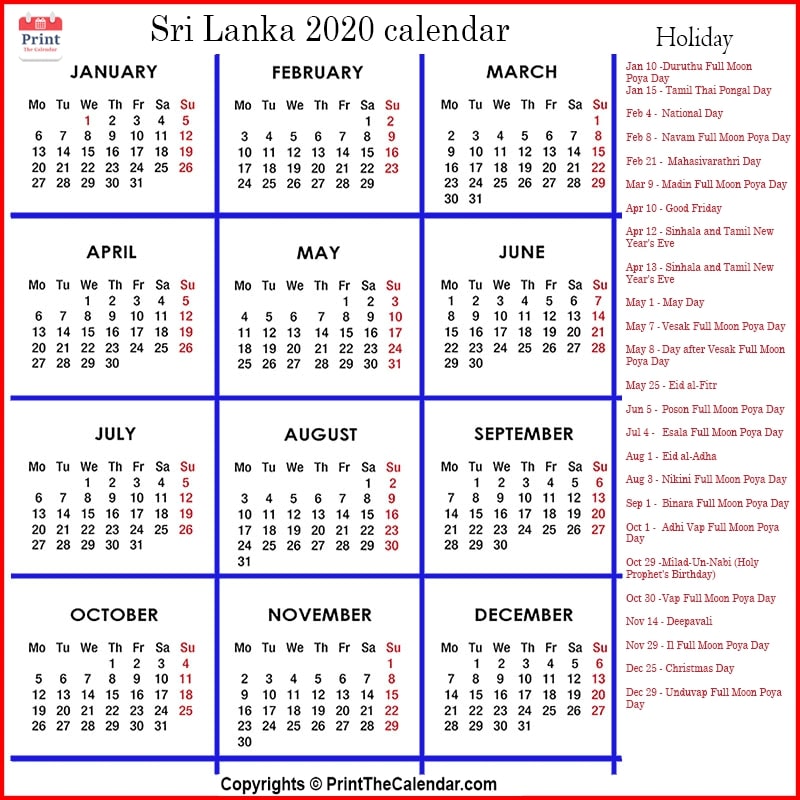 Srilanka Calendar 2020 with Srilanka Public Holidays