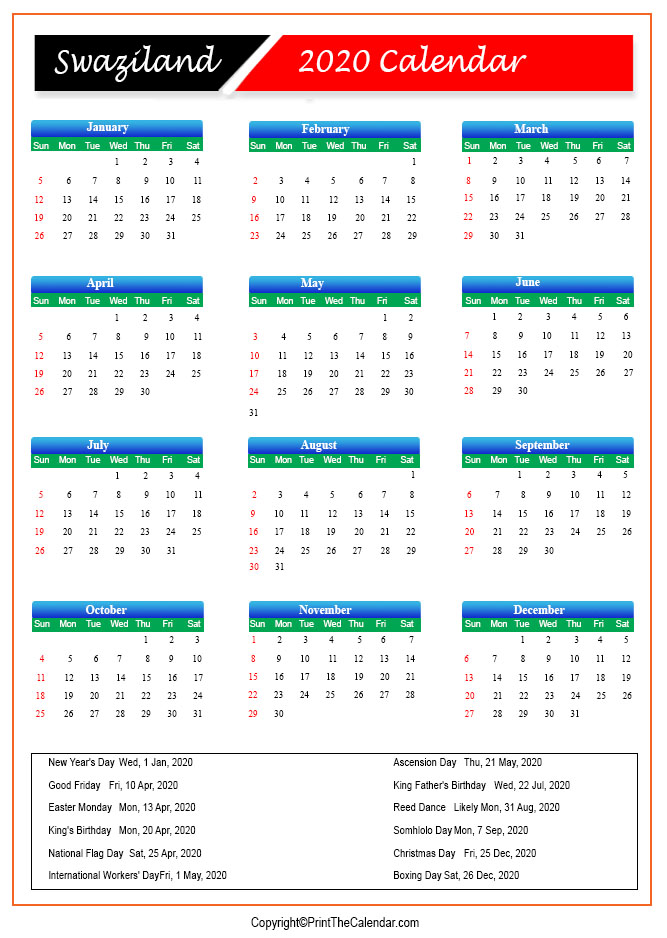 2020 Holiday Calendar Swaziland 