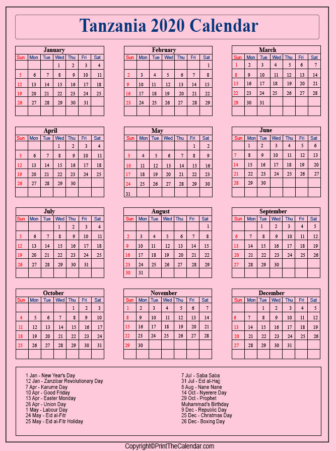 2020 Holiday Calendar Tanzania | Tanzania 2020 Holidays