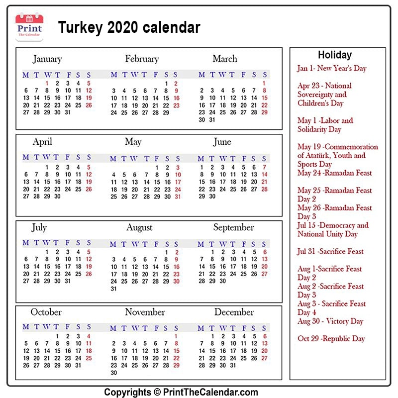 Turkey Calendar 2020 with Turkey Public Holidays