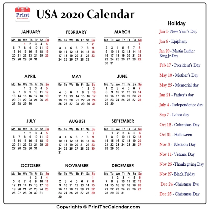 2020 Holiday Calendar Us | Us 2020 Holidays